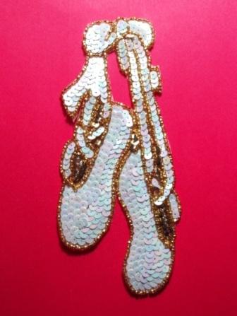 K8890  White Gold Ballerina Slippers Sequin Beaded Applique 9.5"