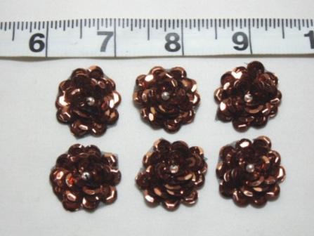 AT8900 Set of 6 Bronze Flower Sequin Pearl Appliques 1"