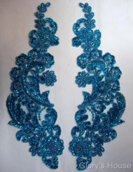 0049 Turquoise Mirror Pair Sequin Beaded Applique 13"