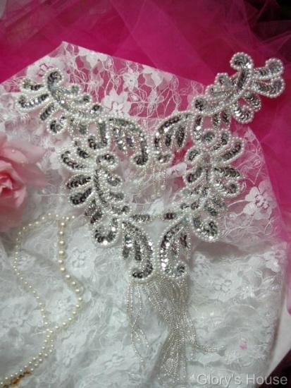 0037 Silver Pearl Bodice Yoke 10" Sequin Beaded Applique