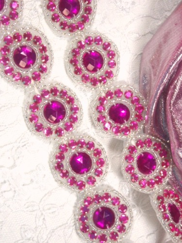 0379 Endless Circle Fuchsia Silver Round Rhinestone Beaded Trim 1.25"