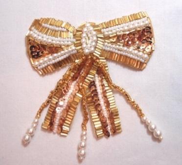 K8931  Gold Pearl Dangle Bow Sequin Beaded Applique