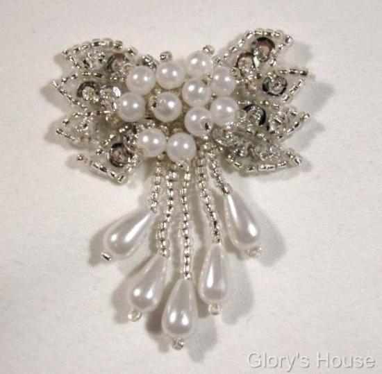 0036 Silver and Pearl Bow 2"  Sequin Beaded Applique  0036