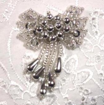 0036 Silver Bow 2" Sequin Beaded Applique  0036