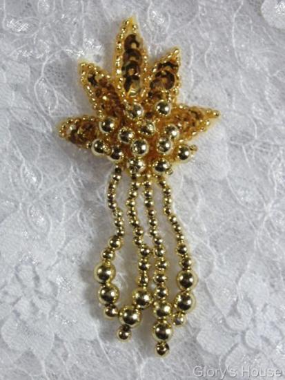 0073 Gold Leaf Dangle 3" Sequin Beaded Applique 0073