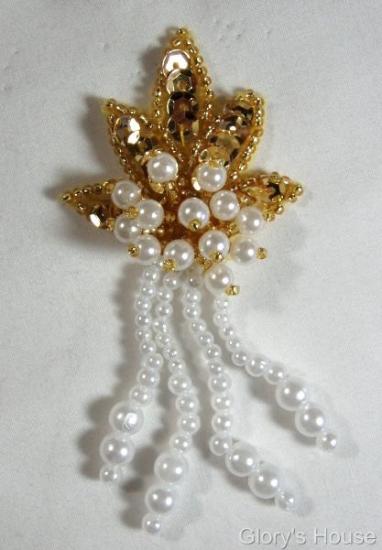 0073 Gold Pearl Leaf Dangle 3" Sequin Beaded Applique 0073