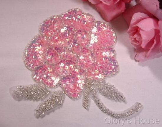 Elegant Peach Pink Rose Floral 6" Sequin Beaded Applique 0081