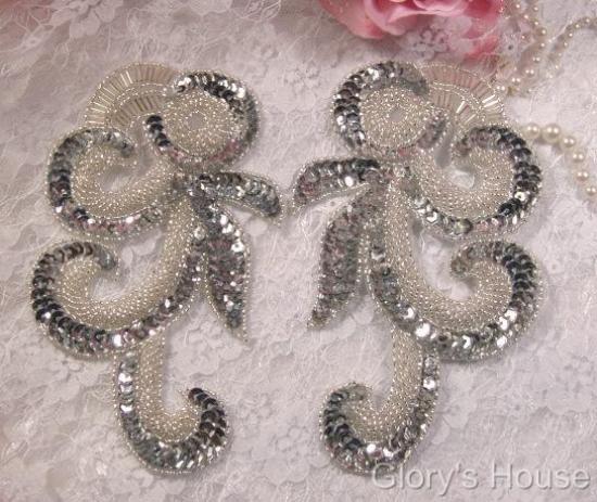 0069 Silver French Curl Sequin Beaded Appliques 6.5"