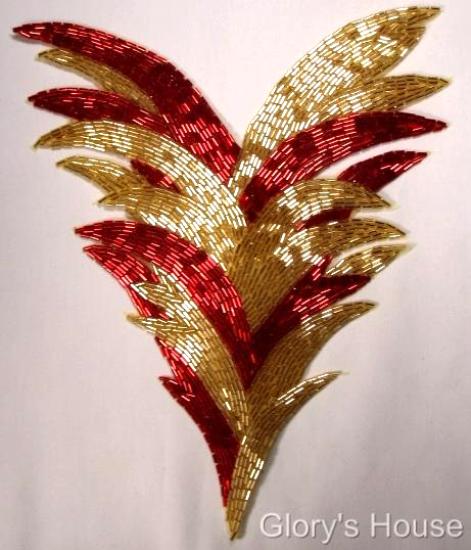 Red Gold Feathering Palm Fan Sequin Beaded Applique 0065