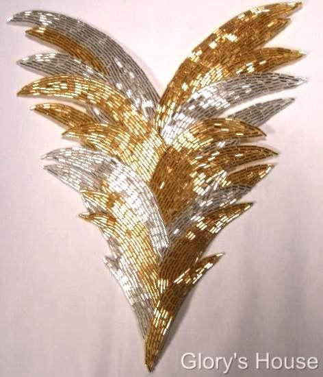 Gold Silver Feathering Palm Fan Sequin Beaded Applique 0065