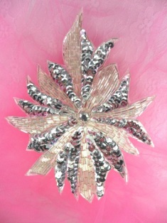 FS1638 Silver Floral Sequin Beaded Applique 5.5"