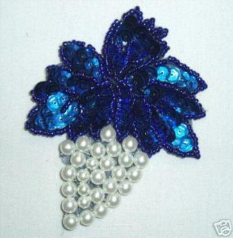 K8260  Blue Grape Cluster Pearl Sequin Beaded Applique 3.5"