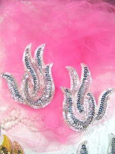 A0202 Silver Flame Mirror Pair Beaded Sequin Appliques 4.5"