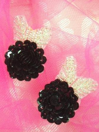 A0211C  Pair ( 2 )  Black Silver Floral Sequin Beaded Appliques 2"