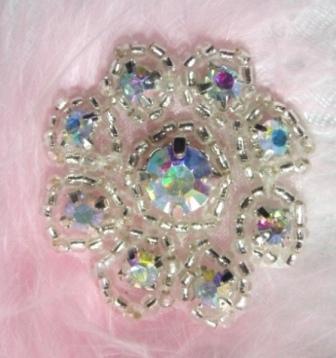 A0429A  Crystal AB Rhinestone Floral Silver Beaded Applique 1-3/8"