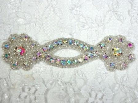 A0429D Silver Crystal AB Rhinestone Beaded Floral Applique 4.25"