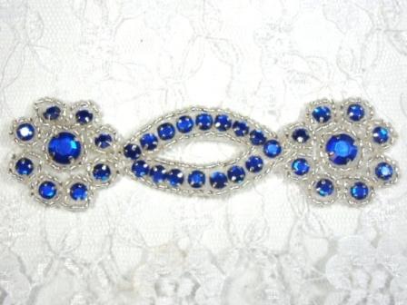 Royal Blue Silver Jewel Rhinestone Beaded Floral Applique 4.25" A0474D