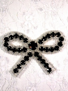 A0481 Black Silver Beaded Bow Applique 2.5"