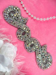 ACT/XR130/C Black Backing Crystal AB Aurora Borealis Rhinestone Silver Beaded Scroll Applique UNCUT  6.5"