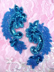 ACT/0180/A Turquoise Mirror Pair Sequin Beaded Appliques 4"