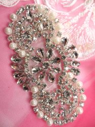 ACT/JB180/A Crystal Rhinestone Applique Silver Beaded w/ Pearls 7"