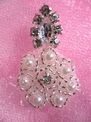 ACT/JB41/B Candlelight Flame Silver Pearl Beaded Crystal Rhinestone Applique 1.5"