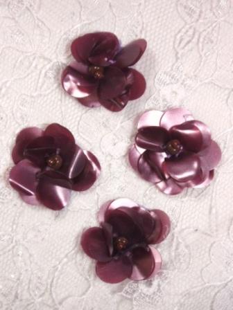 AE1590  Set of ( 4 ) Matte Mauve Floral Beaded Sequin Appliques 1"