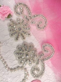AJB8D Crystal Clear Silver Beaded Mirror Pair Rhinestone Appliques 3"