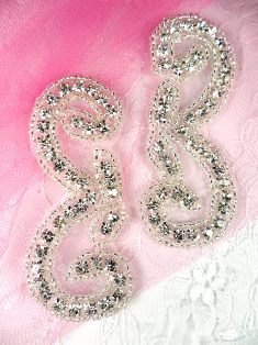 AJB8C Crystal Clear Silver Beaded Mirror Pair Rhinestone Appliques 3"
