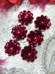 AT8900 Set of 6 Fuchsia Sequin Flower Pearl Appliques 1"