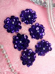 AT8900 Set of 6 Purple Sequin Flower Pearl Appliques 1"