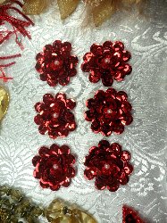 AT8900 Set of 6 Red Sequin Flower Pearl Appliques 1"