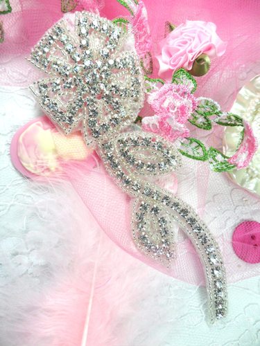 AXR62A Crystal Clear Rhinestone Silver Beaded Floral Vine Applique
