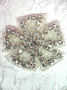 AXR62B Crystal Clear Silver Beaded Floral Rhinestone Applique 2"