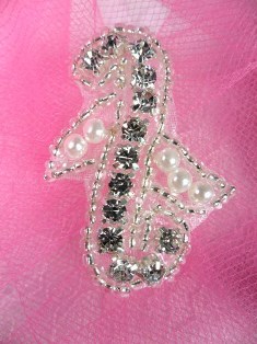 AXR69 Crystal Clear Silver Pearl Beaded Rhinestone Applique 1.75"