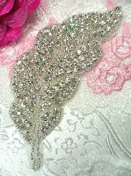 ACT/N11 Silver Beaded Crystal Clear Rhinestone Leaf Applique 4.75"
