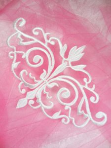 GB56 Embroidered Applique White Iron On Designer Scroll Patch   6.5"