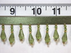 RMC1-olv REMNANT  Olive Green Teardrop Beaded Fringe Sewing Trim 9"X 30"