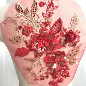 3 Dimensional Embroidered Lace Applique Red Gold Floral 17" BL129