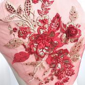 3 Dimensional Embroidered Lace Applique Red Gold Floral 17" BL129