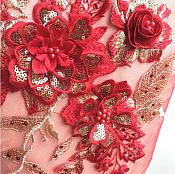 3 Dimensional Embroidered Lace Applique Red Gold Floral 17" BL129