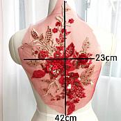 3 Dimensional Embroidered Lace Applique Red Gold Floral 17" BL129