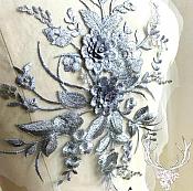 3 Dimensional Embroidered Lace Applique silver Floral 15" BL130