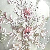 3 Dimensional Embroidered Lace Applique Pink Floral 15" BL130