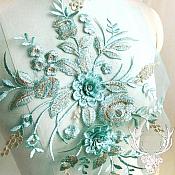 3 Dimensional Embroidered Lace Applique Teal Gold Floral 15" BL130