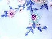 Three Dimensional Applique Embroidered Lace Blue Green Sewing Dance Motif Floral Design 15" BL135