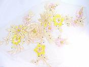 Three Dimensional Applique Embroidered Lace Multi Ivory and Yellow Sewing Dance Motif Floral Design 15" BL135