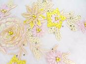 Three Dimensional Applique Embroidered Lace Multi Ivory and Yellow Sewing Dance Motif Floral Design 15" BL135