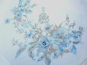 Three Dimensional Applique Embroidered Lace Shiny Lt. Blue Gold Sewing Dance Motif Floral Design 13.75" BL136