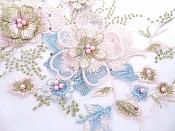 Three Dimensional Applique Embroidered Lace Shiny Pink Blue Gold Sewing Dance Motif Floral Design 13.75" BL136